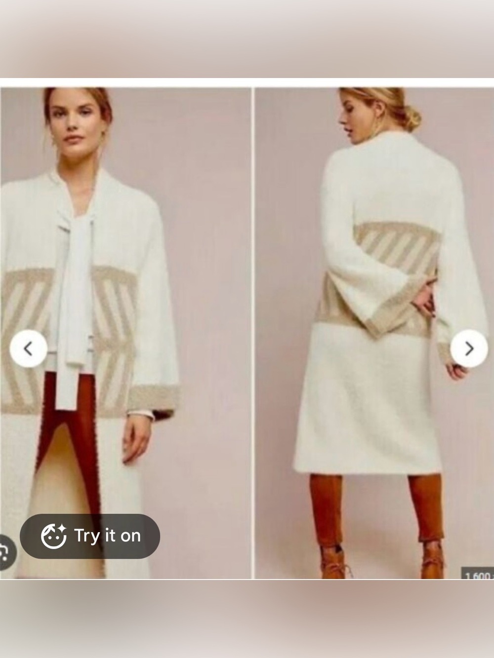 Anthropologie womans Cream & Tan Open Front Long Knit cardigan Sweater size Os